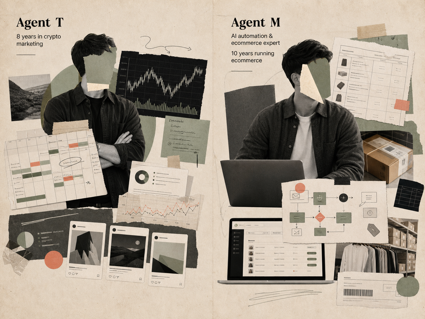 Original editorial collage showing Agent T and Agent M operator expertise