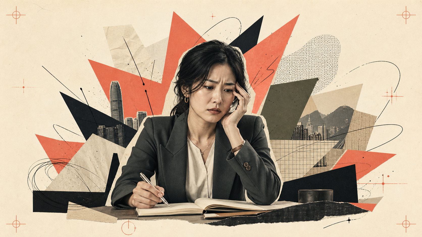 Editorial collage of a Hong Kong SME owner with a coral burst background